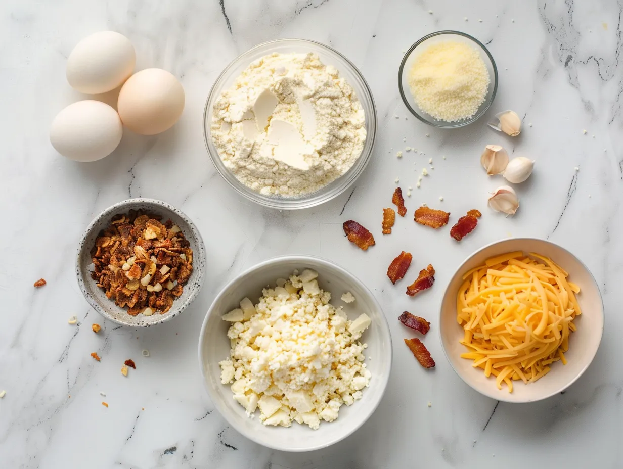 Ingredients for making a bacon cheddar cheese ball, including cream cheese, cheddar cheese, bacon, and spices.