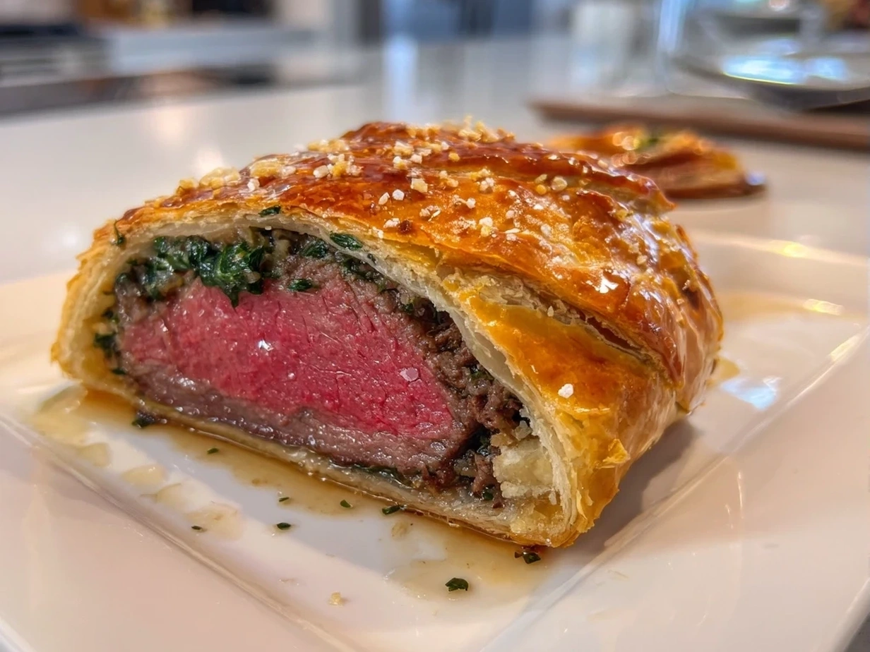Finished Beef Wellington sliced and ready to serve on a plate