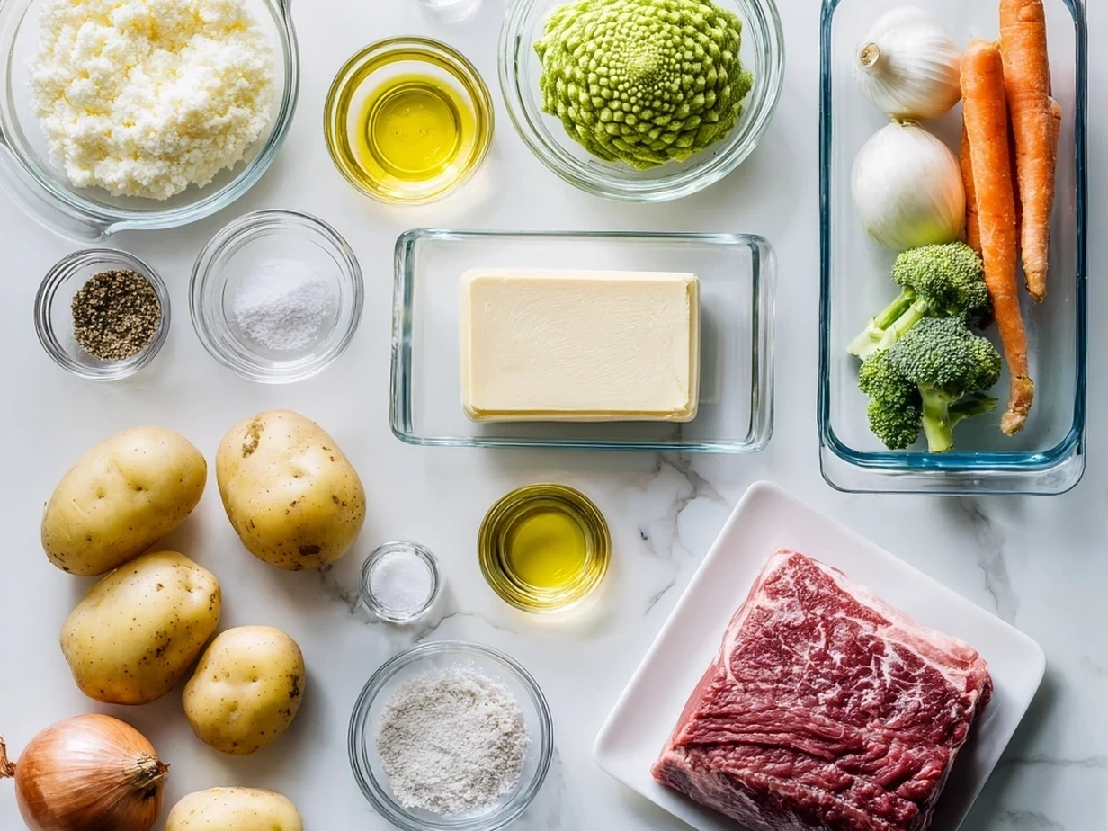 Ingredients for making Beef Wellington: beef tenderloin, olive oil, cremini mushrooms, garlic, thyme, sherry, prosciutto, puff pastry, egg, salt, and pepper