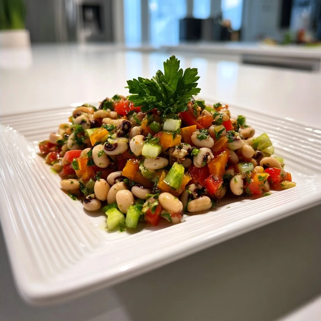 A serving of Black-Eyed Pea Salad in a glass bowl.