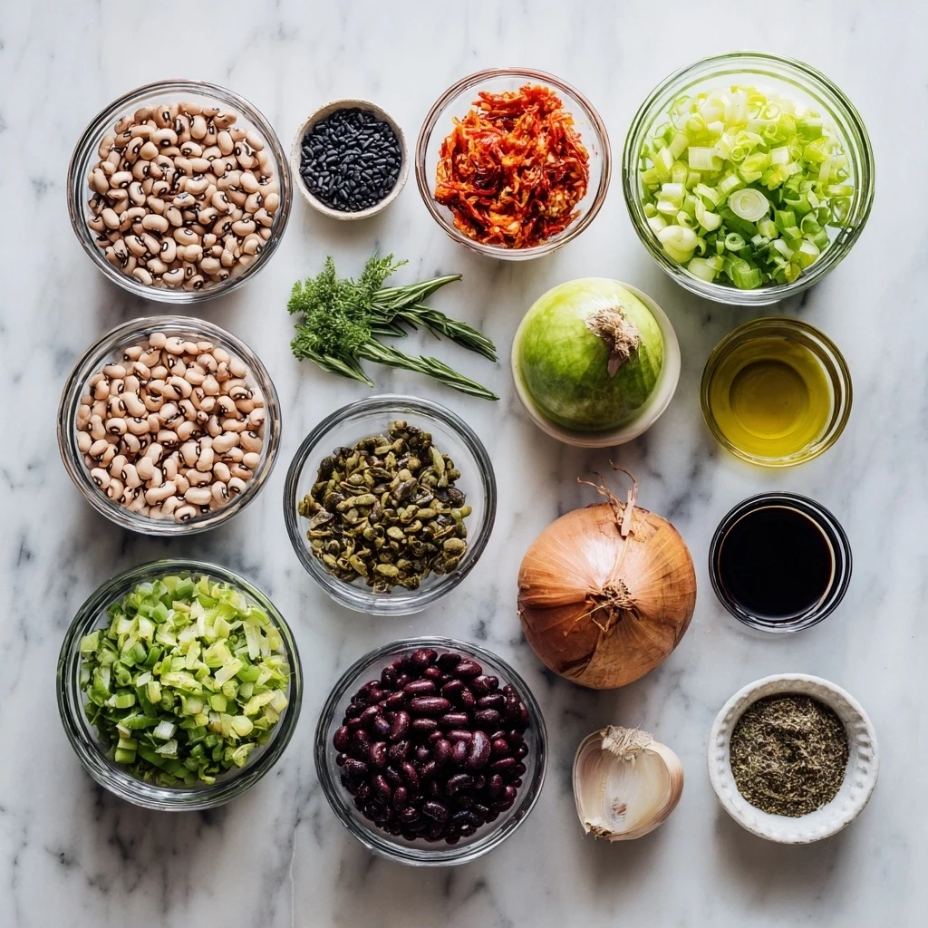 Ingredients for Black-Eyed Pea Salad including canned black-eyed peas, red onion, bell pepper, celery, parsley, olive oil, apple cider vinegar, Dijon mustard, honey, salt, and pepper.