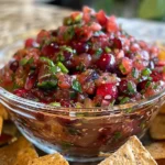 Bowl of homemade cranberry salsa with tortilla chips