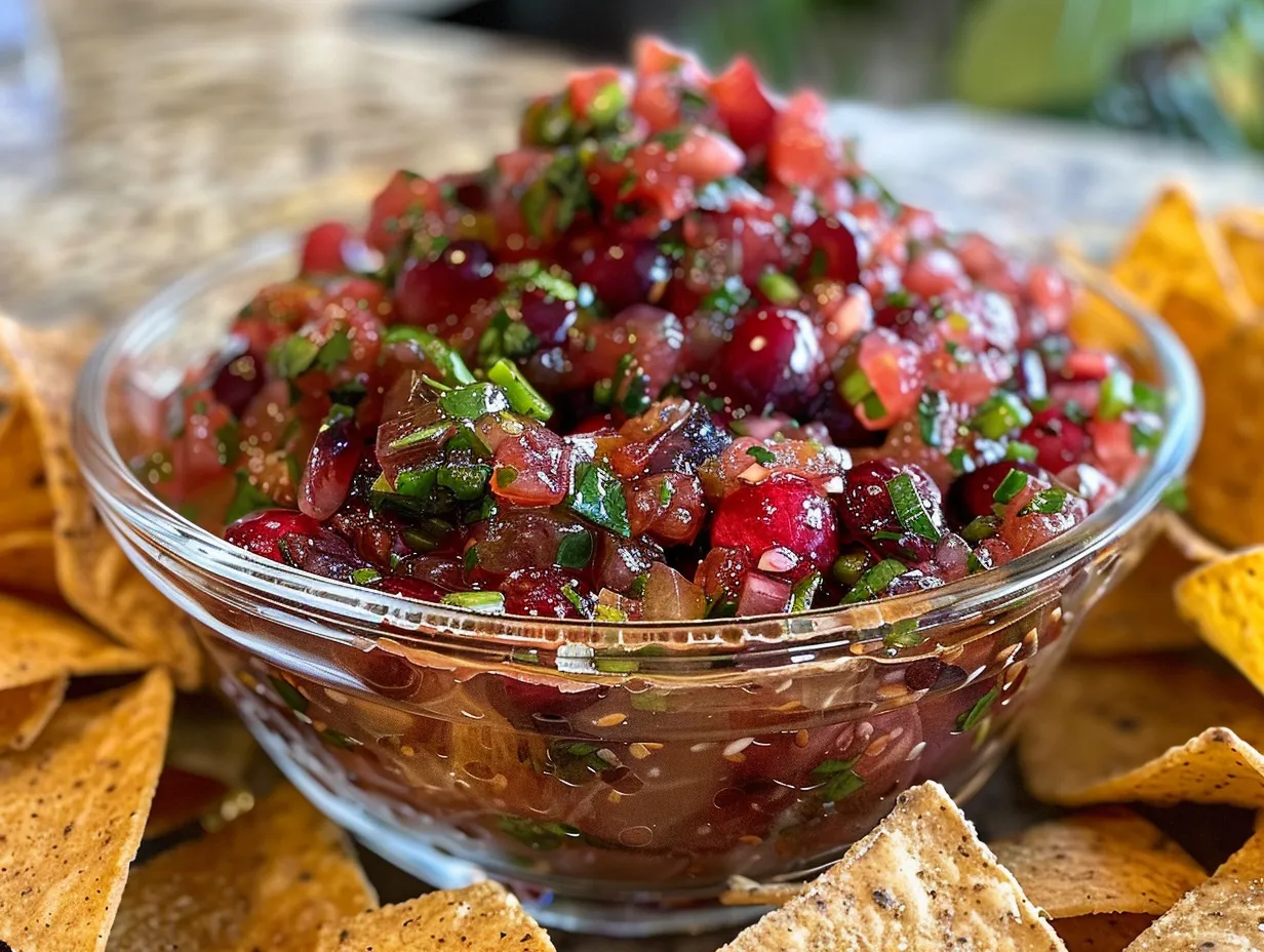 Bowl of homemade cranberry salsa with tortilla chips