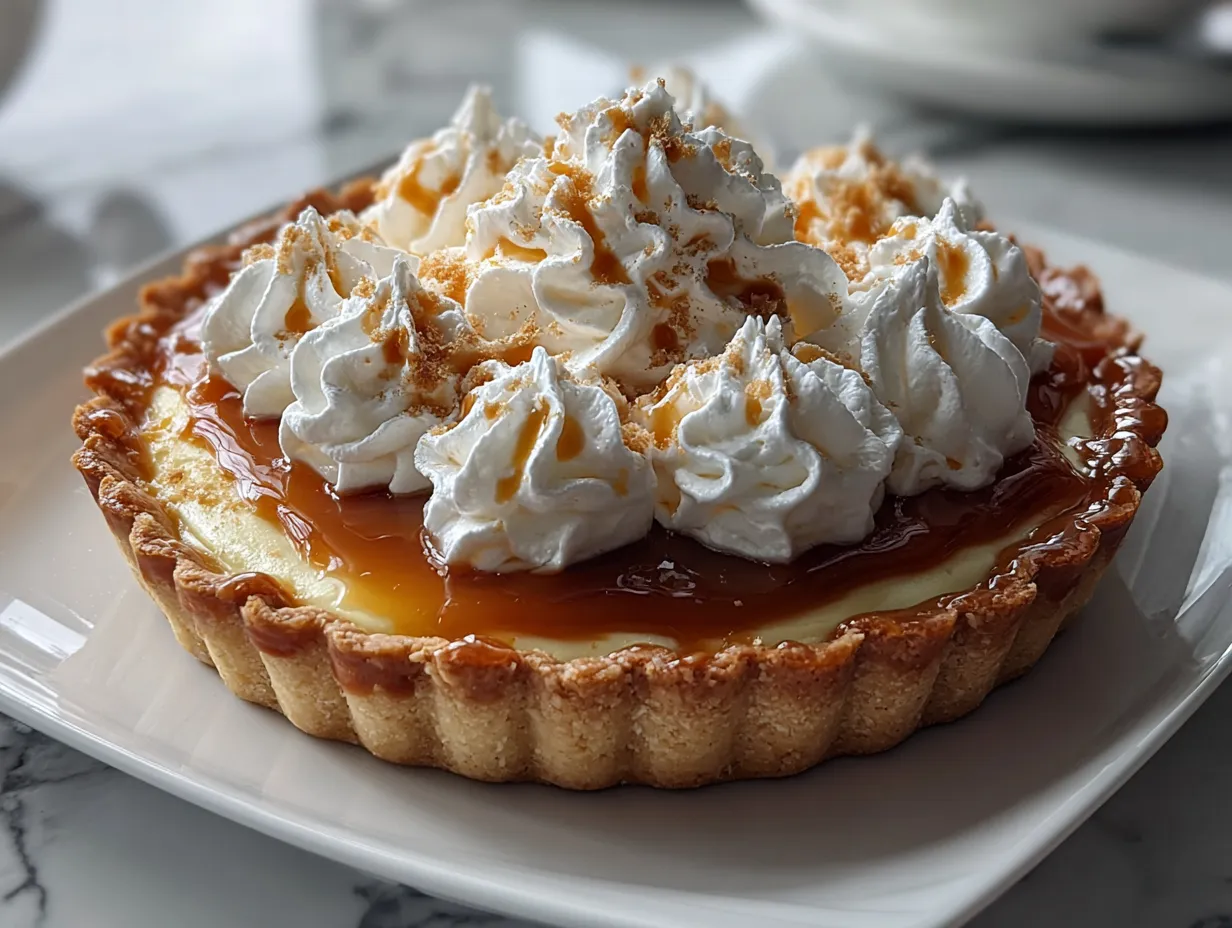 Finished Butterscotch Heaven Pie topped with whipped cream and butterscotch chips.