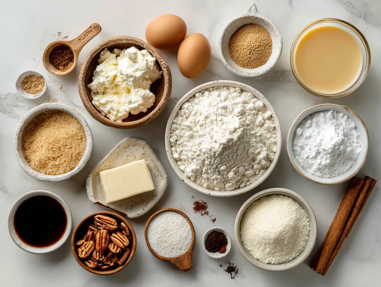 Ingredients for making Butterscotch Heaven Pie including graham crackers, butter, brown sugar, milk, cornstarch, egg yolks, vanilla extract, and butterscotch chips.