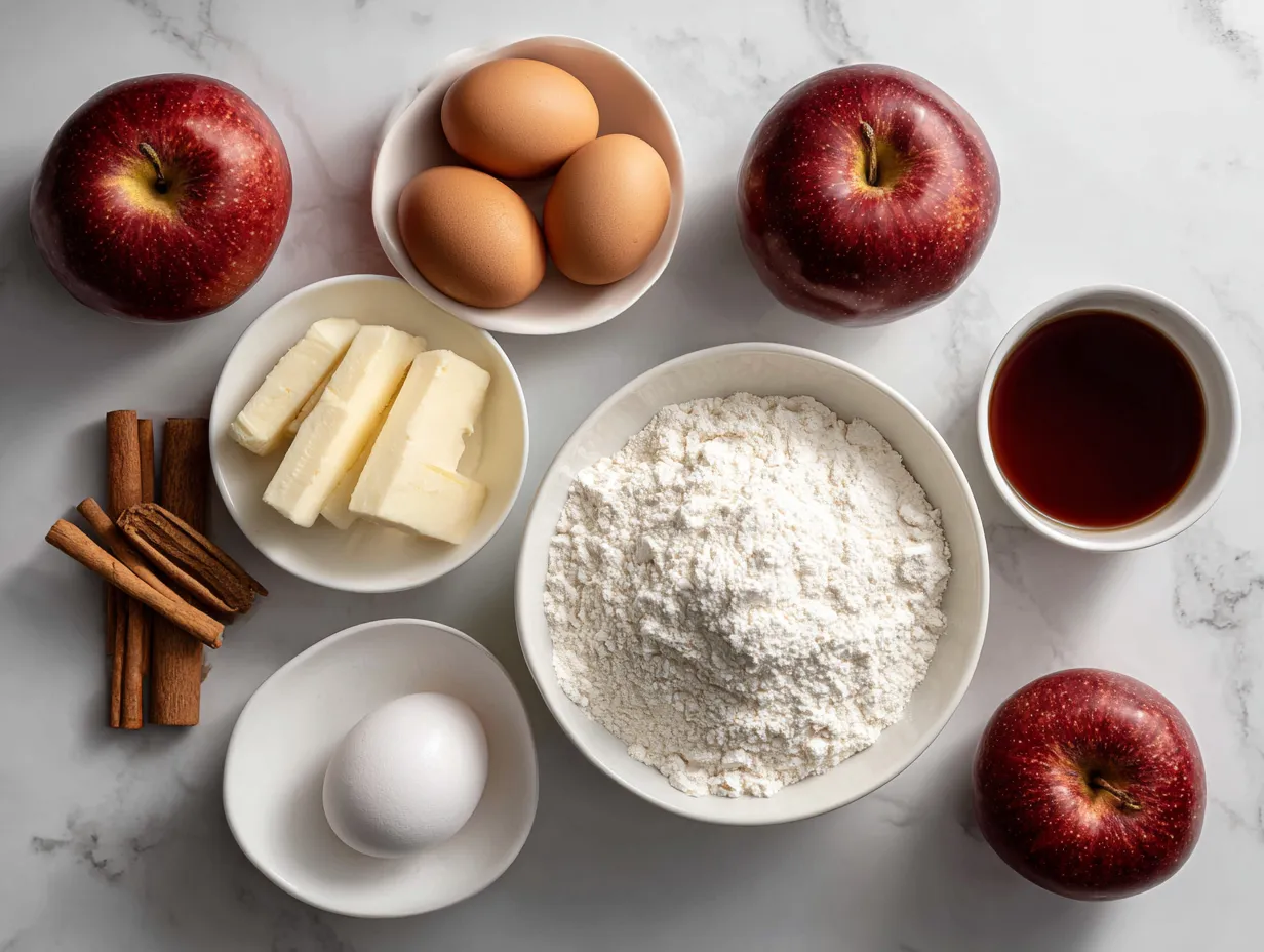 Ingredients for making Caramel Apple Upside-Down Cake, including apples, flour, sugar, butter, and spices