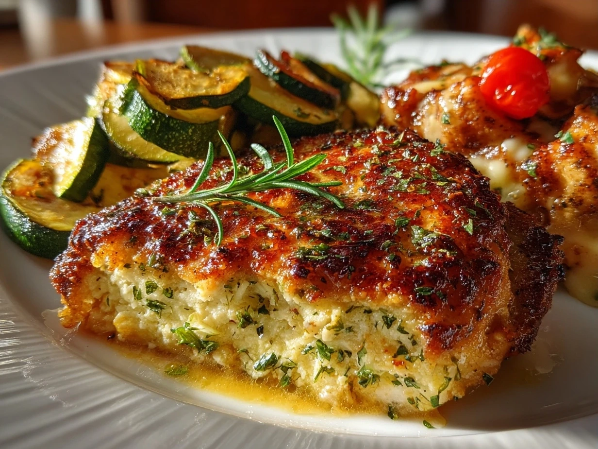 Finished chicken and zucchini bake in a baking dish, garnished with parsley.