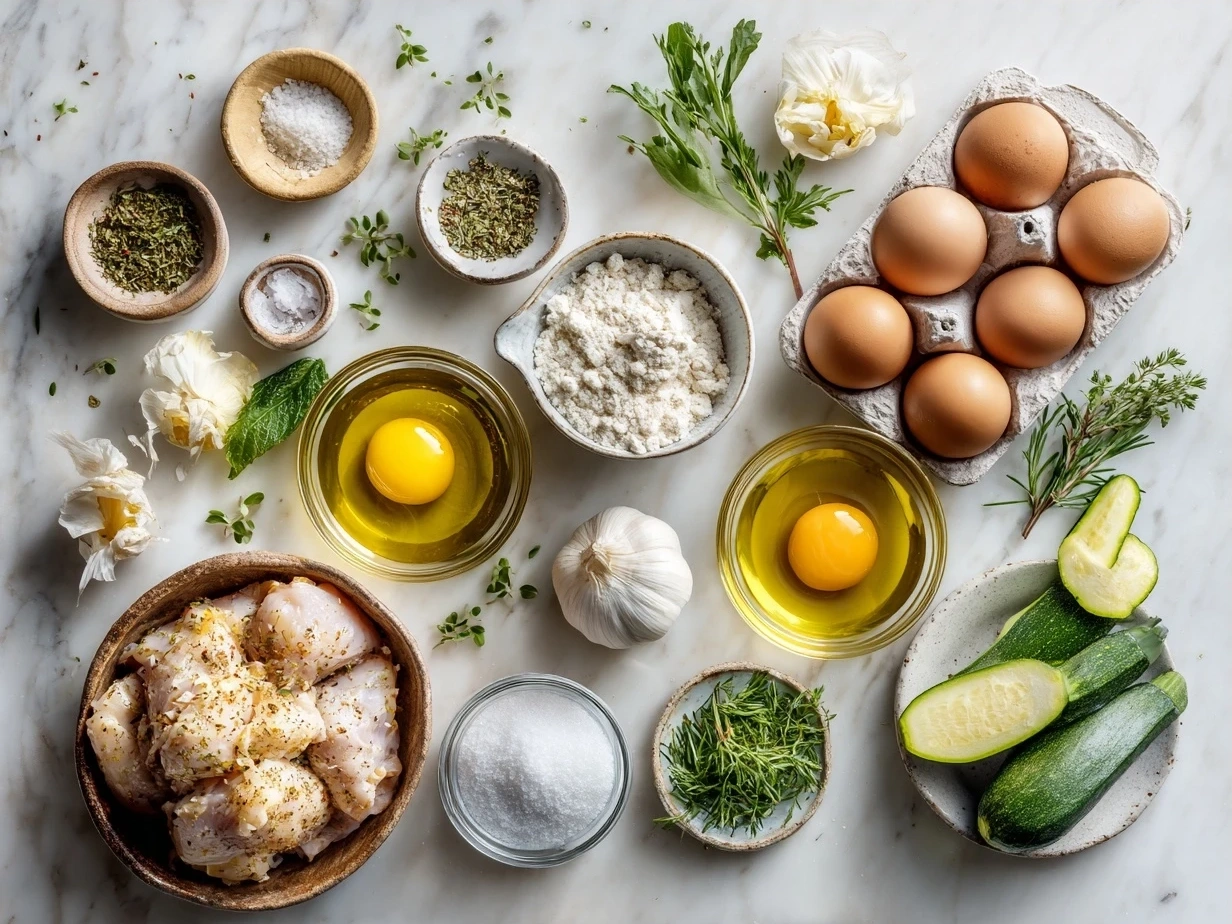 Ingredients for chicken and zucchini bake including chicken, zucchini, onion, garlic, diced tomatoes, chicken broth, mozzarella cheese, Parmesan cheese, olive oil, oregano, basil, salt, pepper, and red pepper flakes.