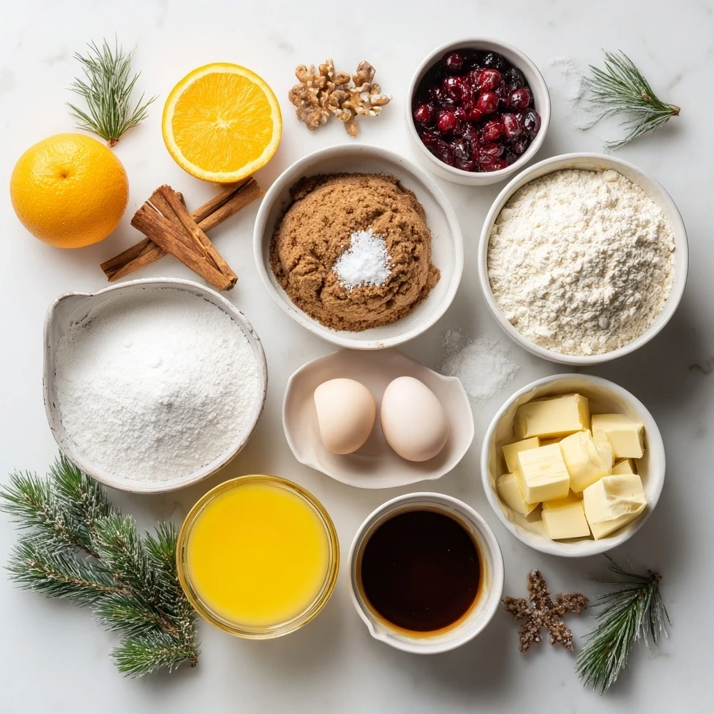 Ingredients for making Christmas Cookies with Orange Juice