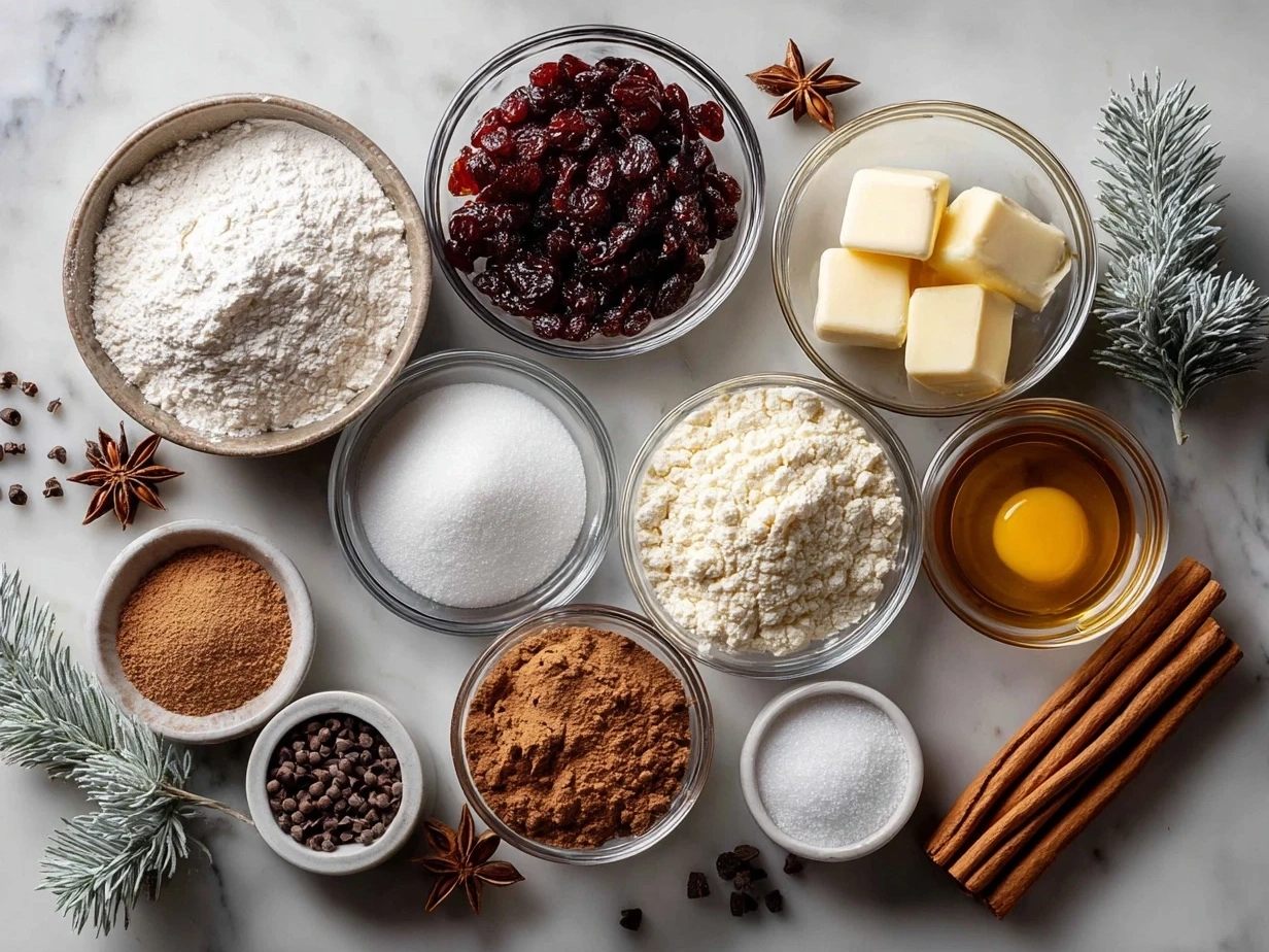 Ingredients for Christmas Pinwheel Cookies including flour, butter, sugar, eggs, and food coloring