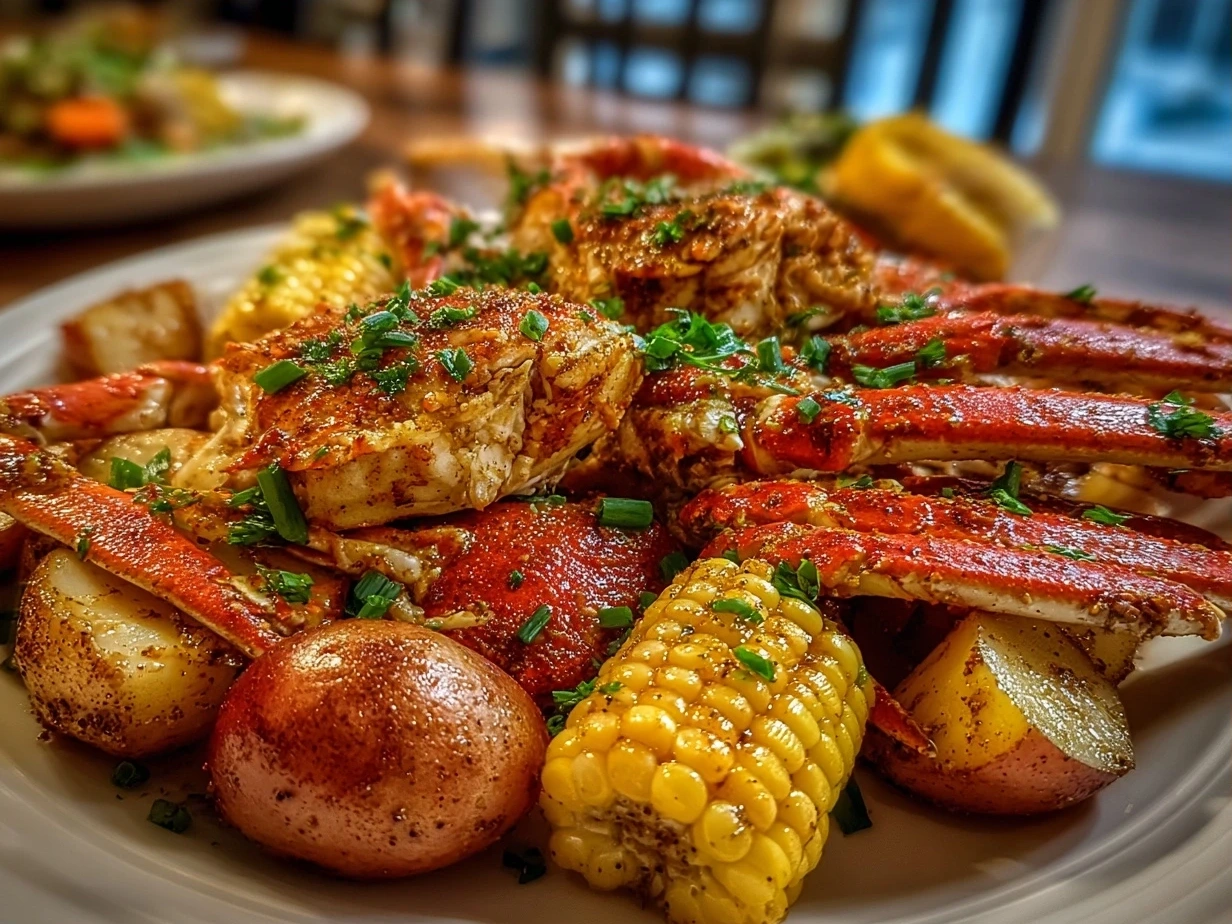 A close-up shot of a delicious homemade Crab Boil Recipe.