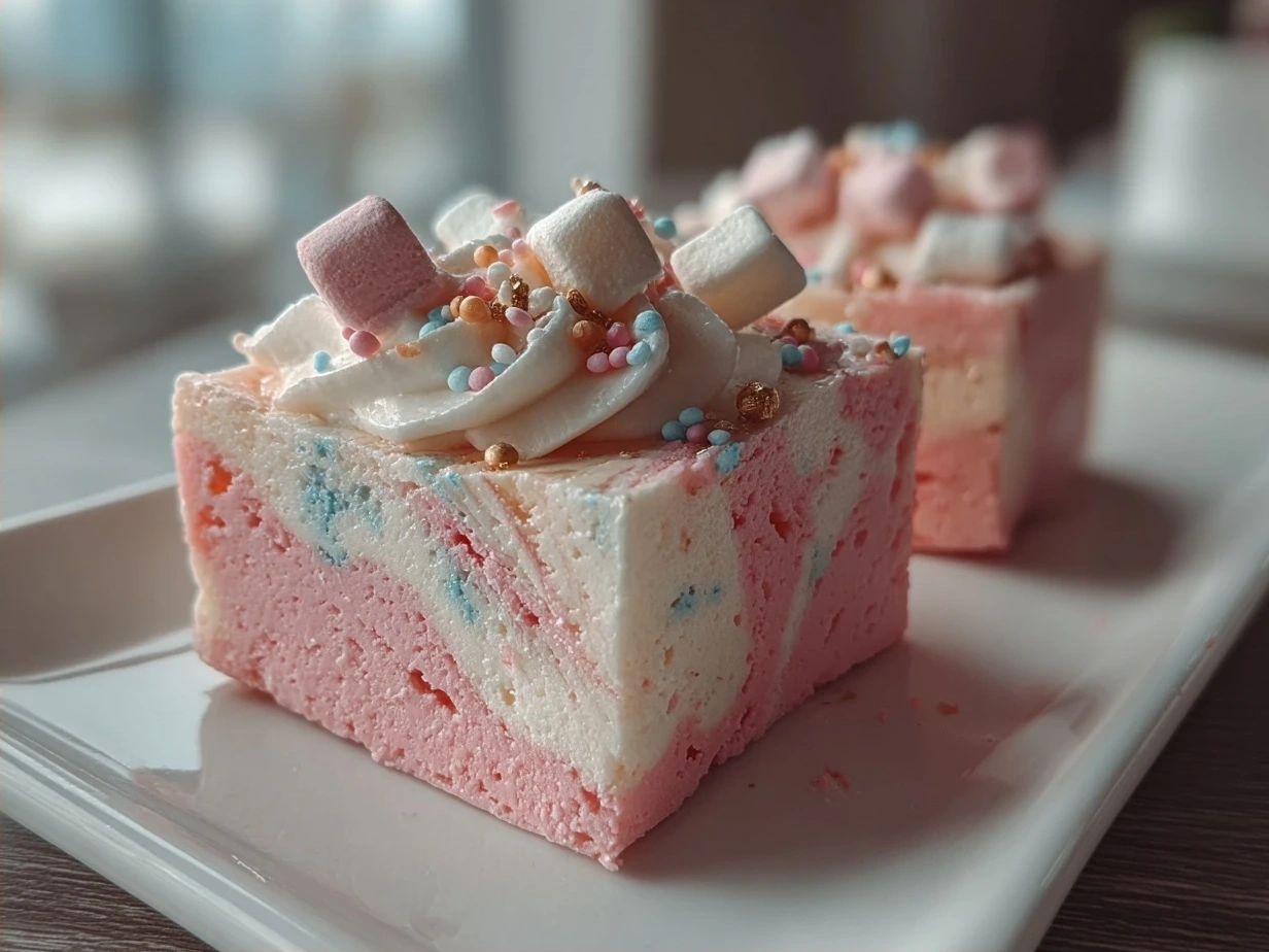 Close-up of colorful cotton candy fudge squares, showcasing the pink and blue swirls, on a white plate.