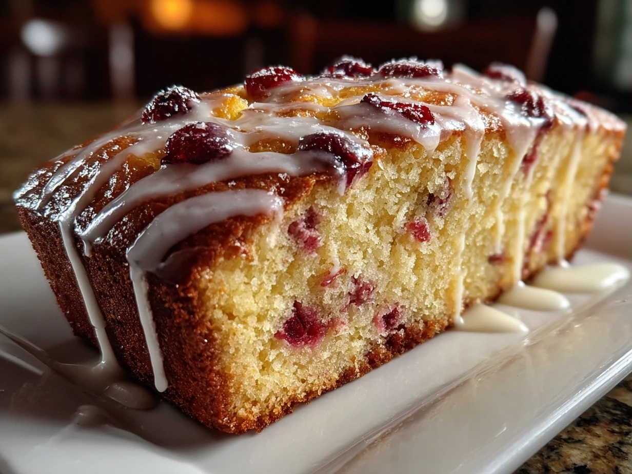 Finished Cranberry Orange Bread with Glaze sliced on a cutting board