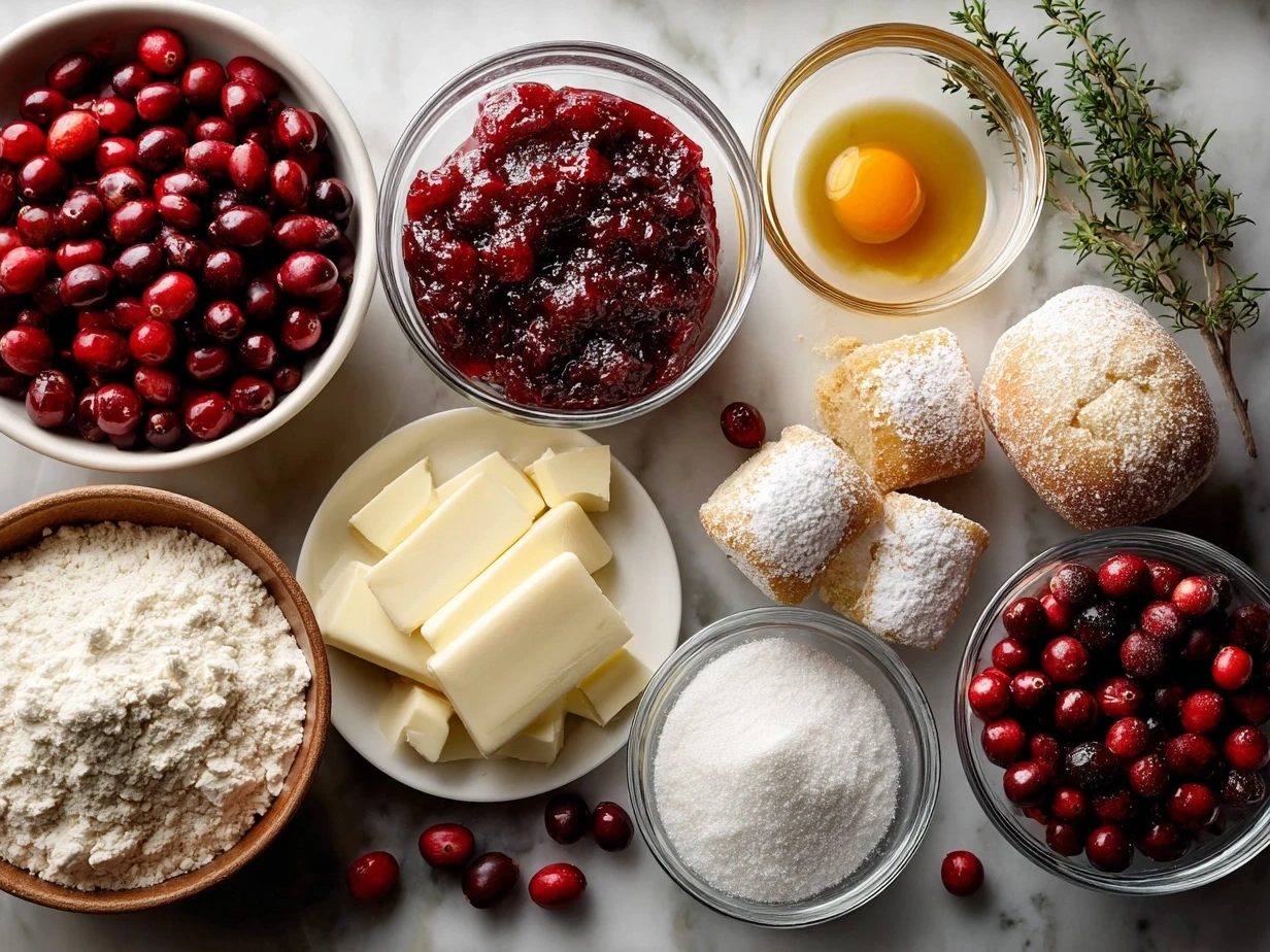 Ingredients for Cranberry Orange Bread with Glaze including flour, sugar, eggs, oranges, cranberries and baking powder