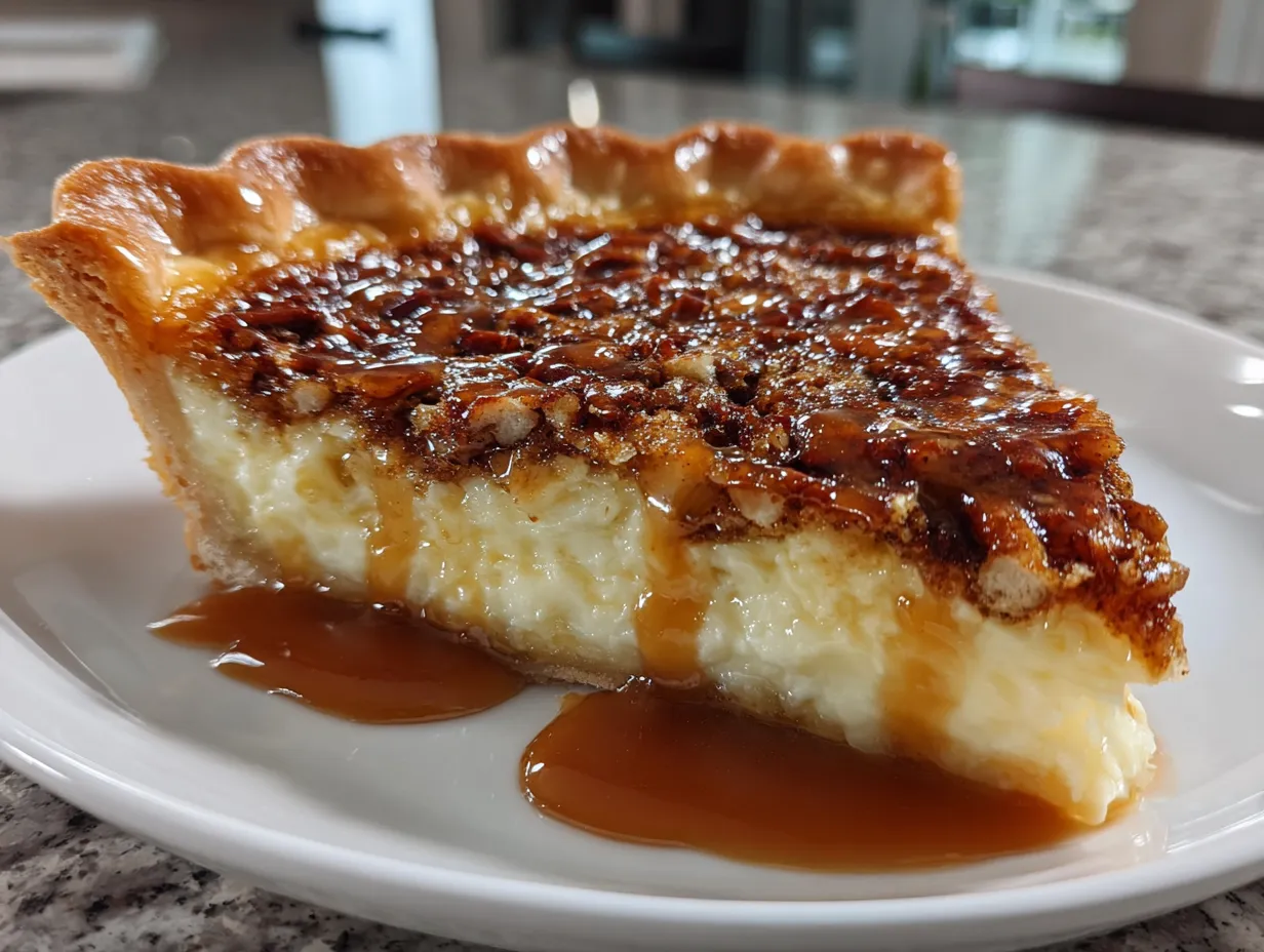 Custard Pie with Praline Sauce on a Kitchen Table