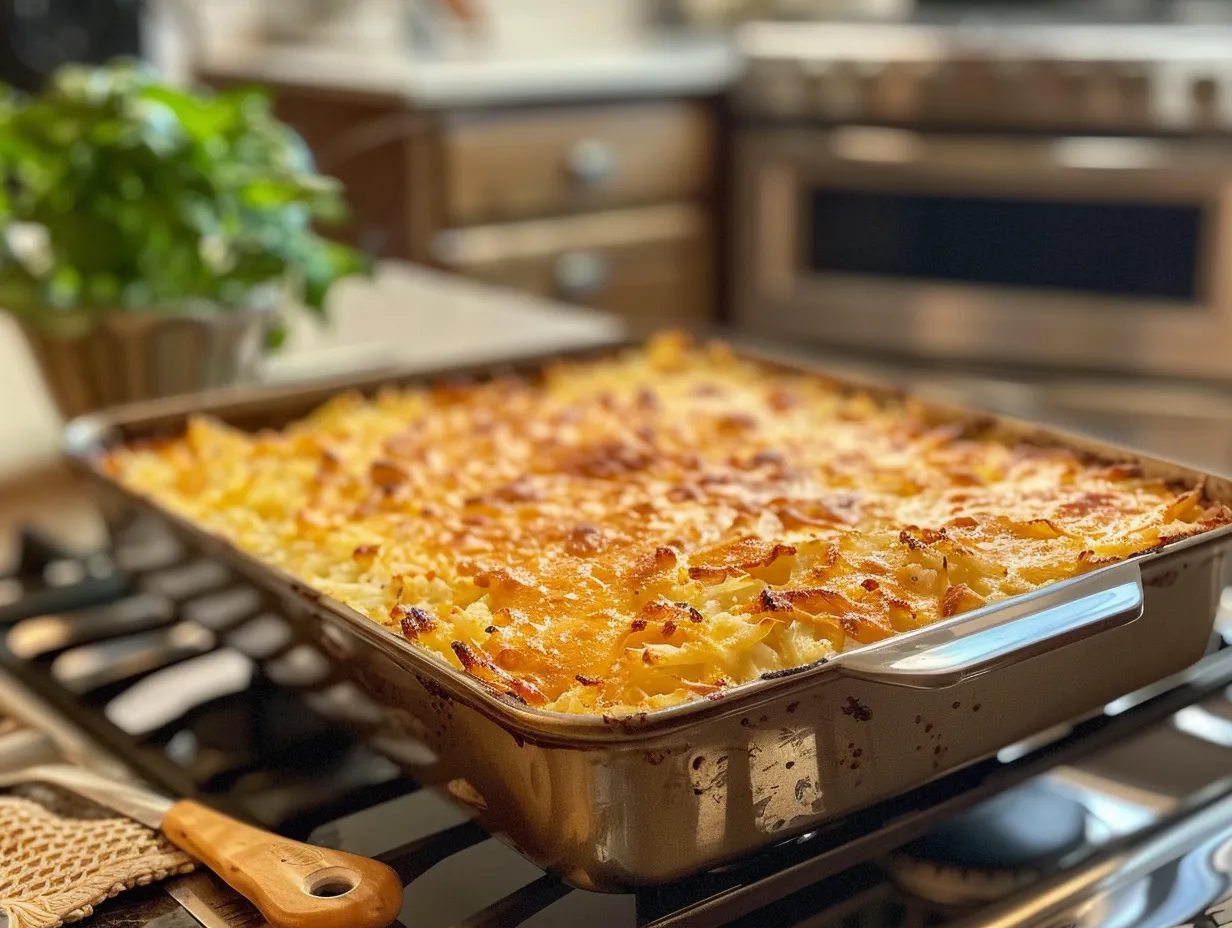 Delicious Copycat Cracker Barrel Hashbrown Casserole ready to serve
