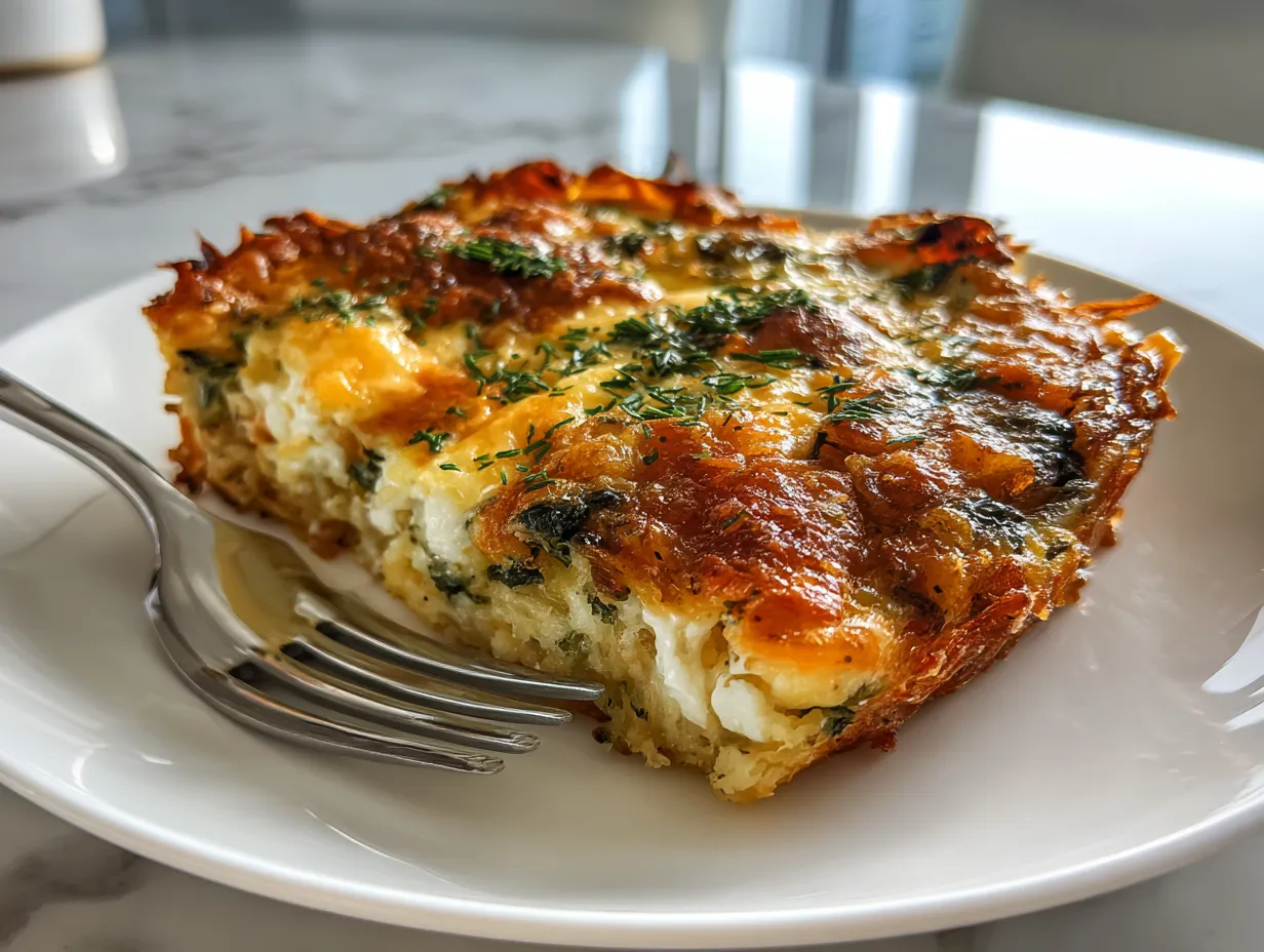 A deliciously baked Egg Hashbrown Casserole, golden brown and ready to serve
