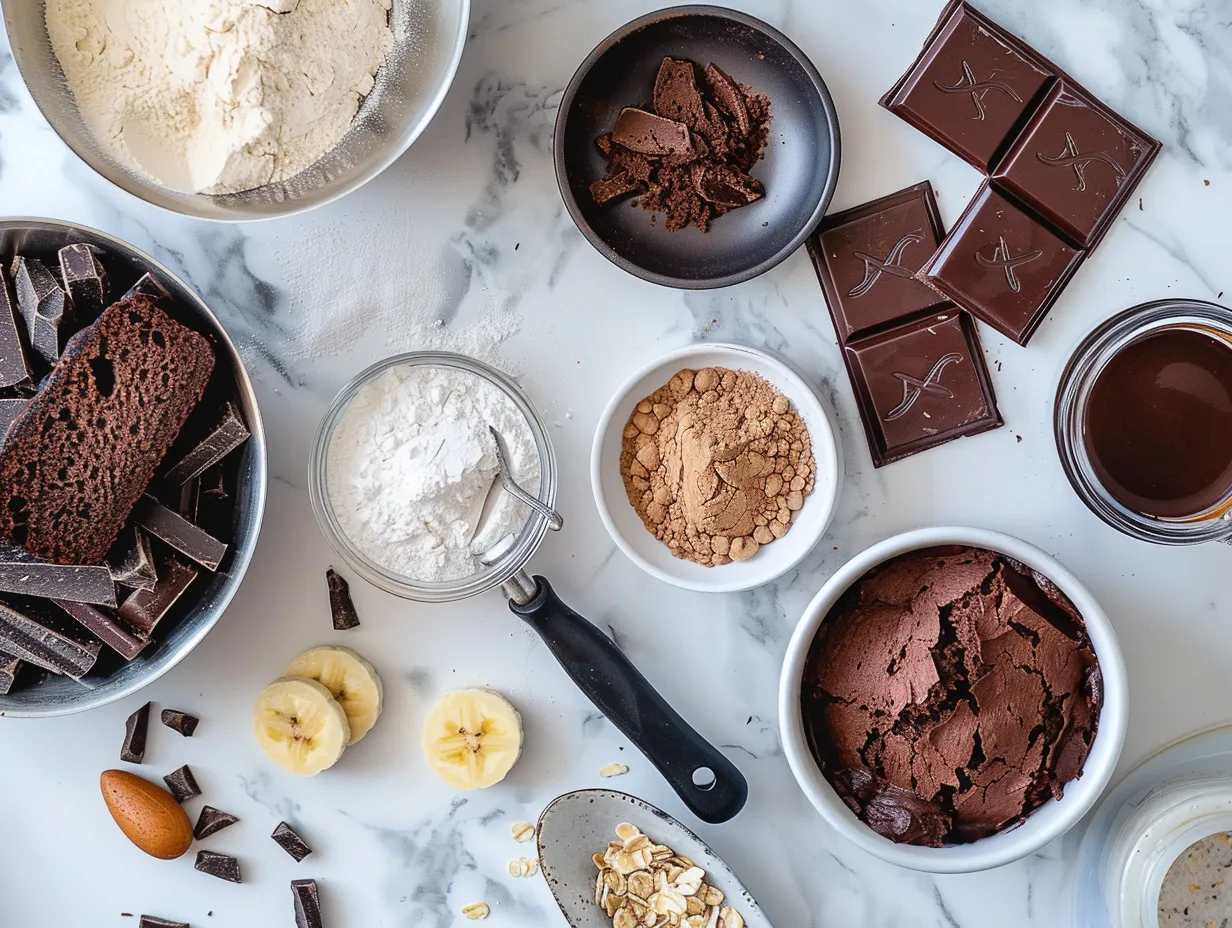 All ingredients needed to make double chocolate banana bread.