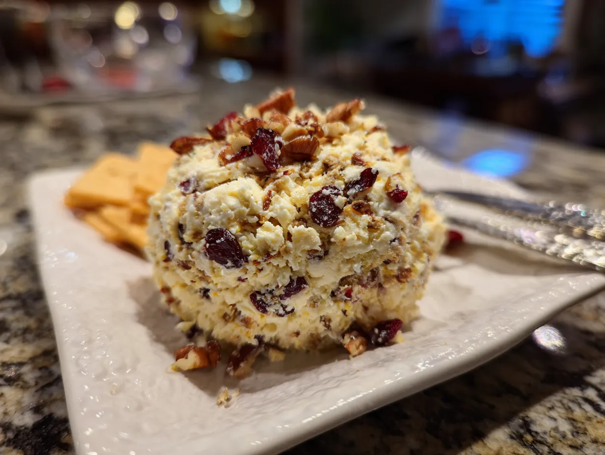 Homemade Cranberry Pineapple Pecan Cheese Ball ready to serve
