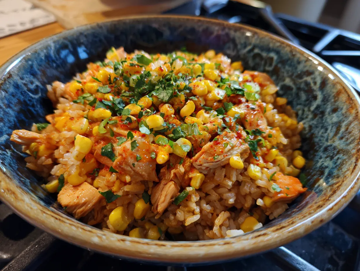 Spicy Mexican Street Corn Chicken Rice Bowl served warm and garnished with cilantro