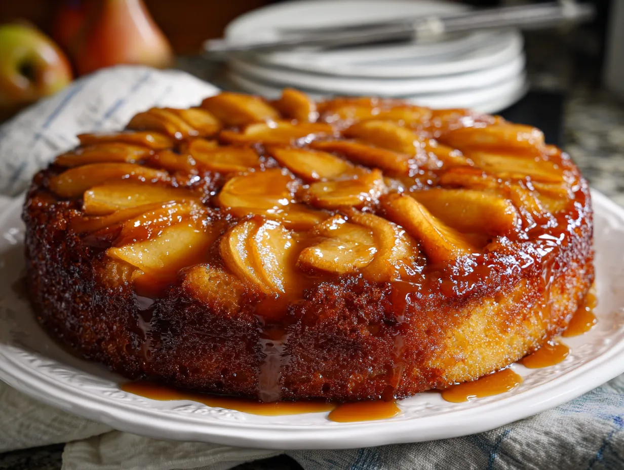 Family enjoying slices of Caramel Apple Upside-Down Cake at the dinner table