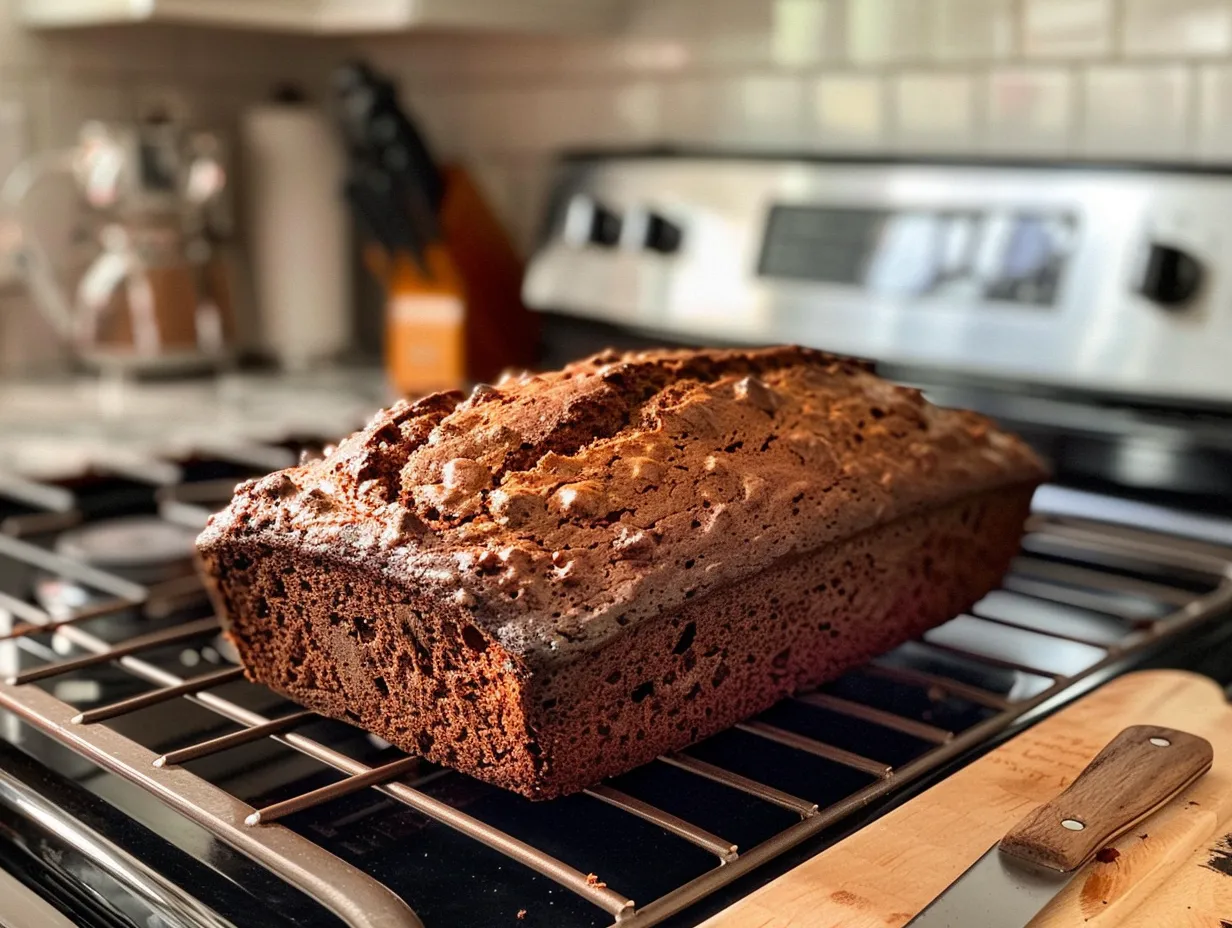 A slice of moist double chocolate banana bread on a plate.
