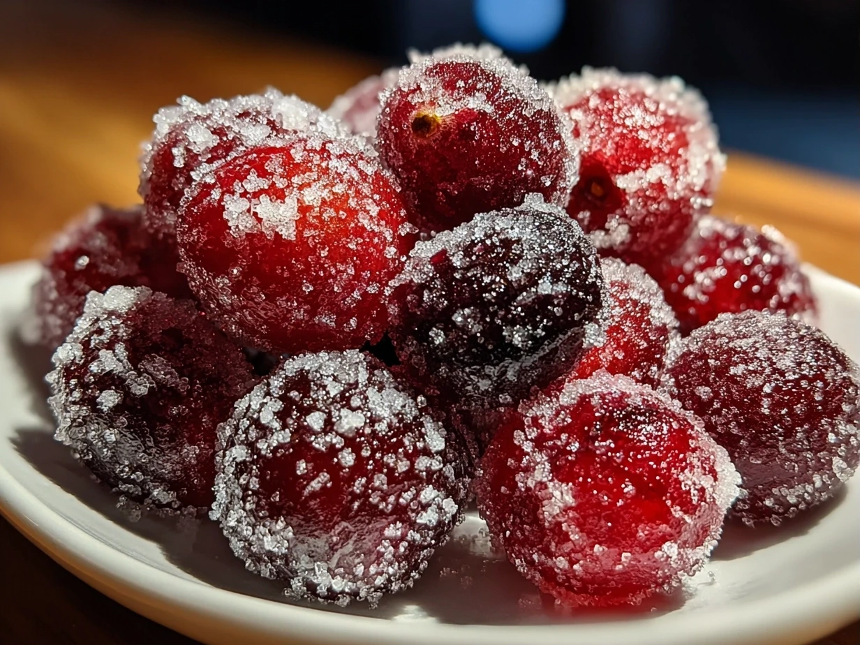 Finished 3-ingredient sugared cranberries, coated in sugar and ready to serve.