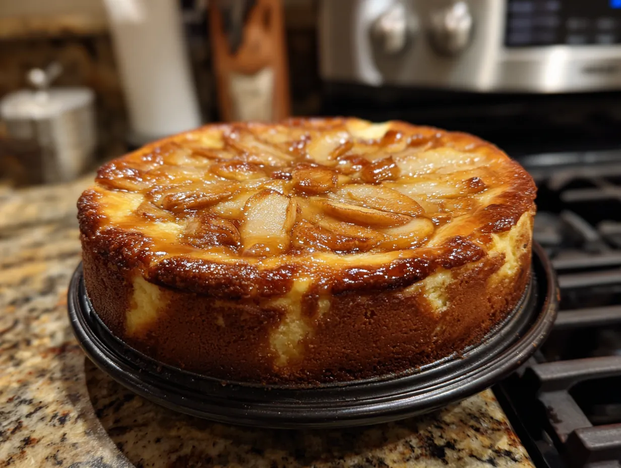 Finished apple cider cheesecake on a kitchen counter.