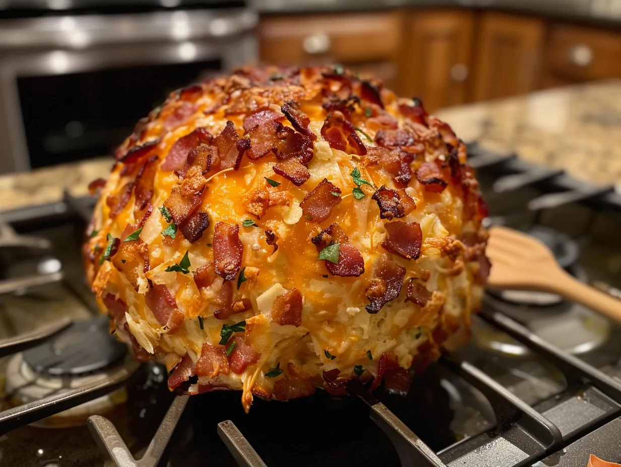A perfectly formed bacon cheddar cheese ball coated in pecans on a serving platter.
