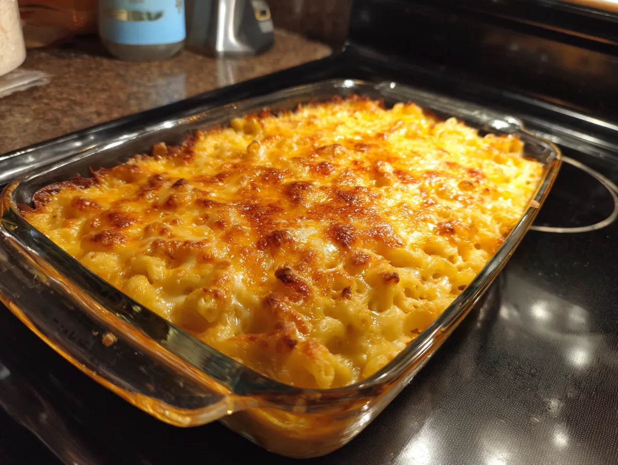 Finished creamy baked mac and cheese in a casserole dish
