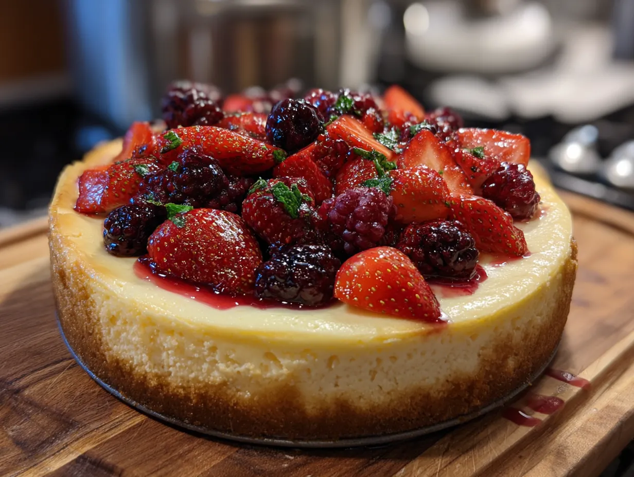Finished berry cheesecake masterpiece with berry topping