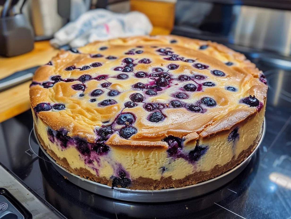 Delicious and beautifully plated White Chocolate Blueberry Cheesecake ready to eat
