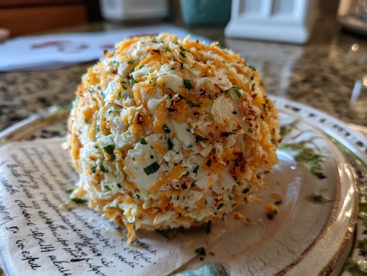 Finished Cheddar Ranch Cheeseball served with crackers and vegetables.