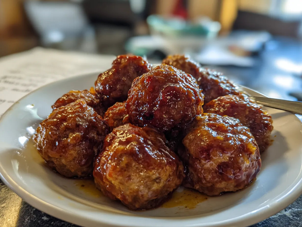A finished dish of Cranberry Meatballs, garnished and ready to serve.