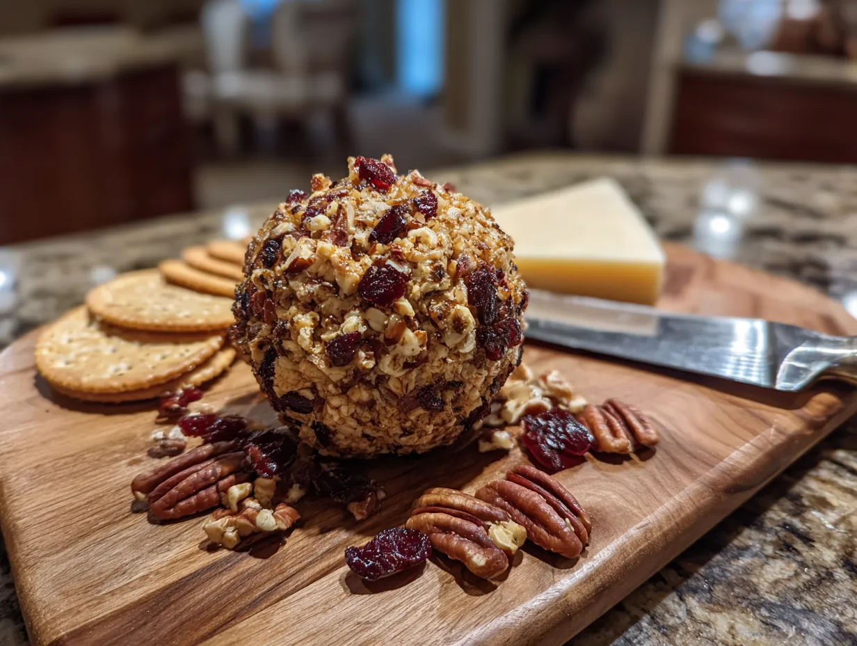 Finished Cranberry Pecan Cheesecake Ball coated with cranberries and pecans, ready to serve.