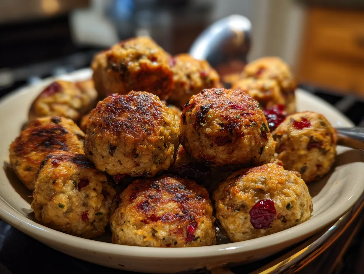 Finished cranberry turkey meatballs plated and ready to serve