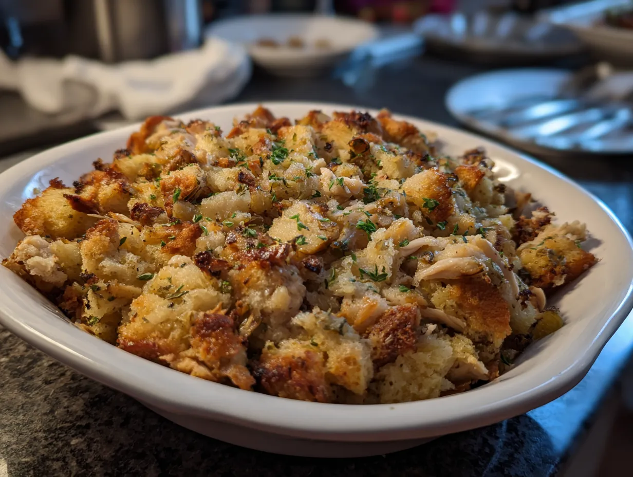 Finished Crockpot Chicken and Stuffing ready to eat, showcasing the tender chicken and flavorful stuffing.