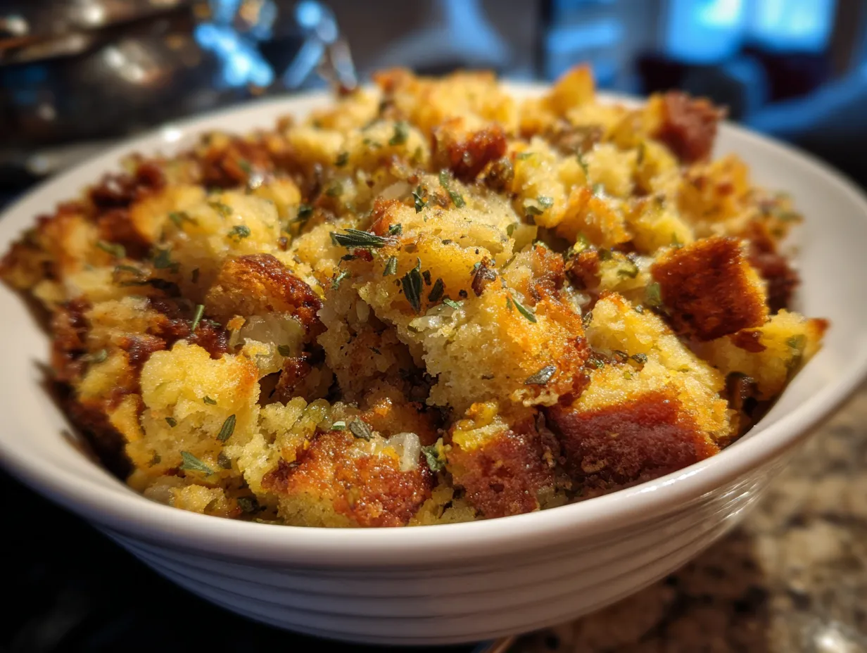 Finished Crockpot Stuffing in a slow cooker, ready to serve