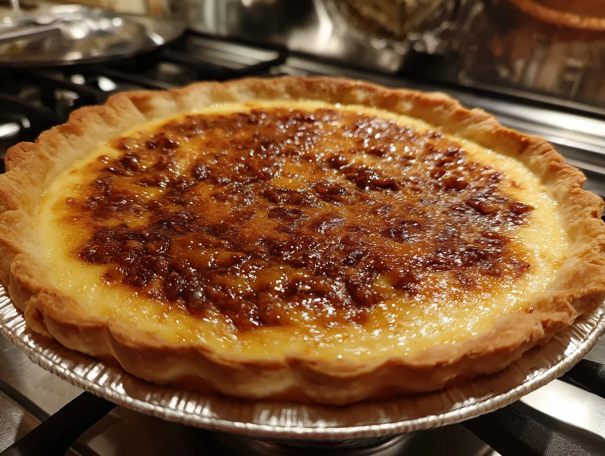 Finished custard pie with praline sauce
