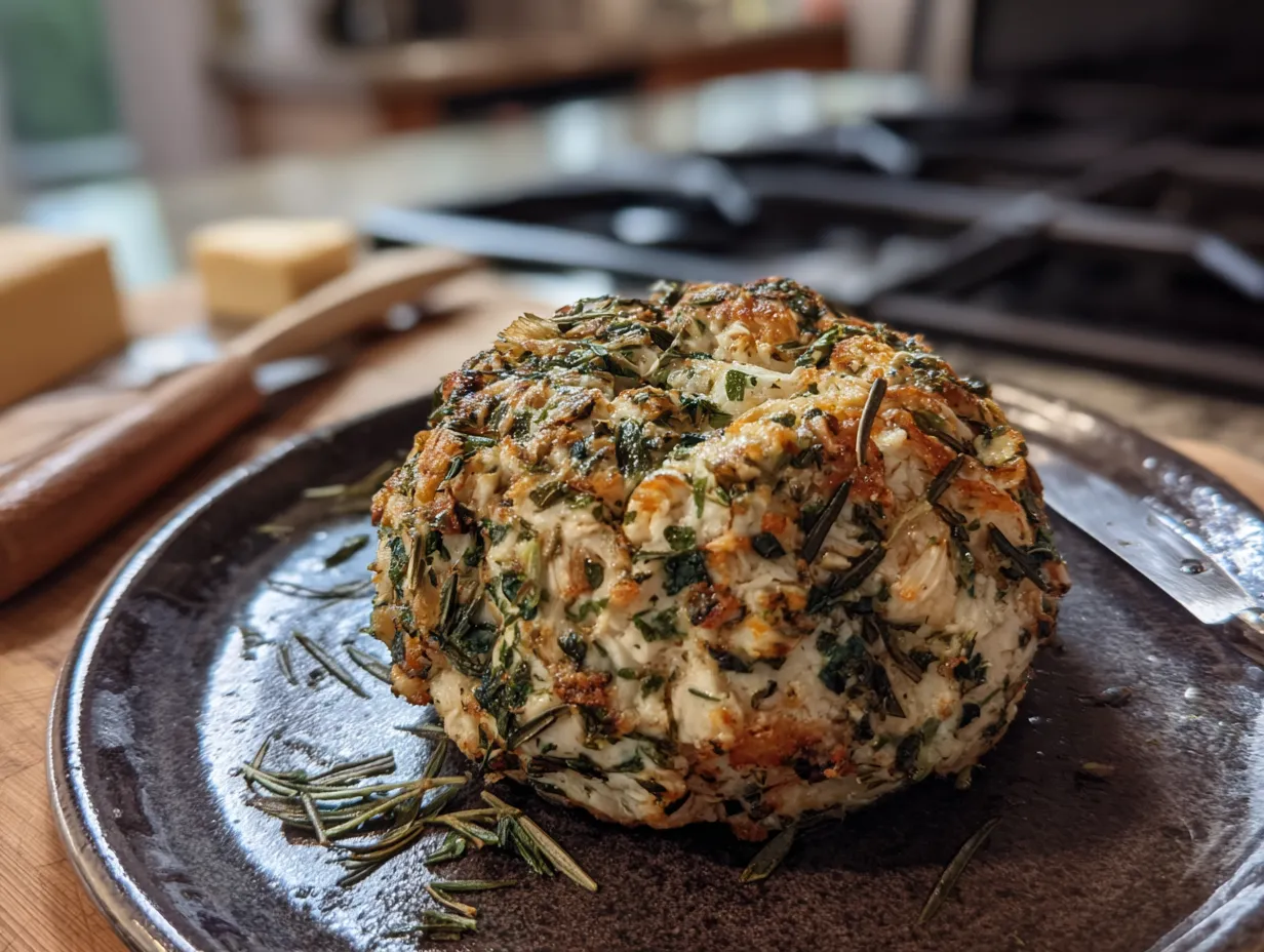 Finished Garlic Herb Cheeseball coated in fresh herbs, ready to be served.