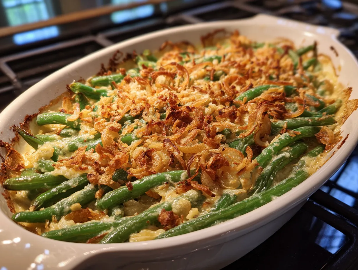 Finished Garlic Parmesan Green Bean Casserole with a golden brown topping and bubbly cheese sauce.