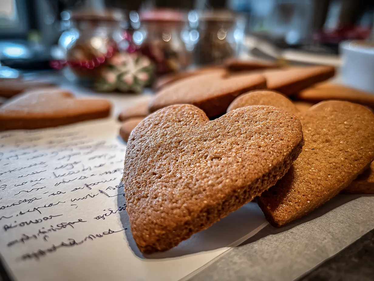A plate of beautifully decorated finished gingerbread cookies presented in a warm, inviting kitchen setting.