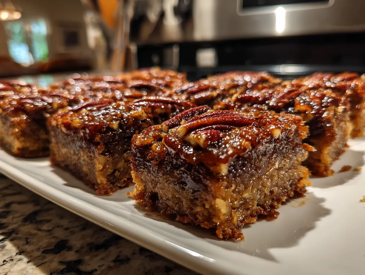 Finished Gooey Pecan Pie Bars cut into squares and arranged on a plate.