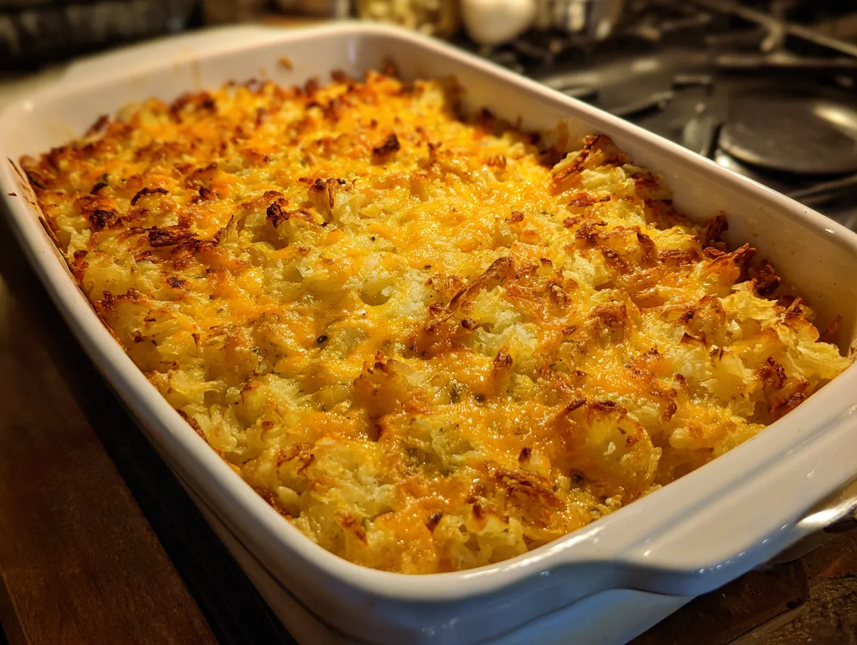 Finished hashbrown casserole with golden brown and crispy cornflake topping