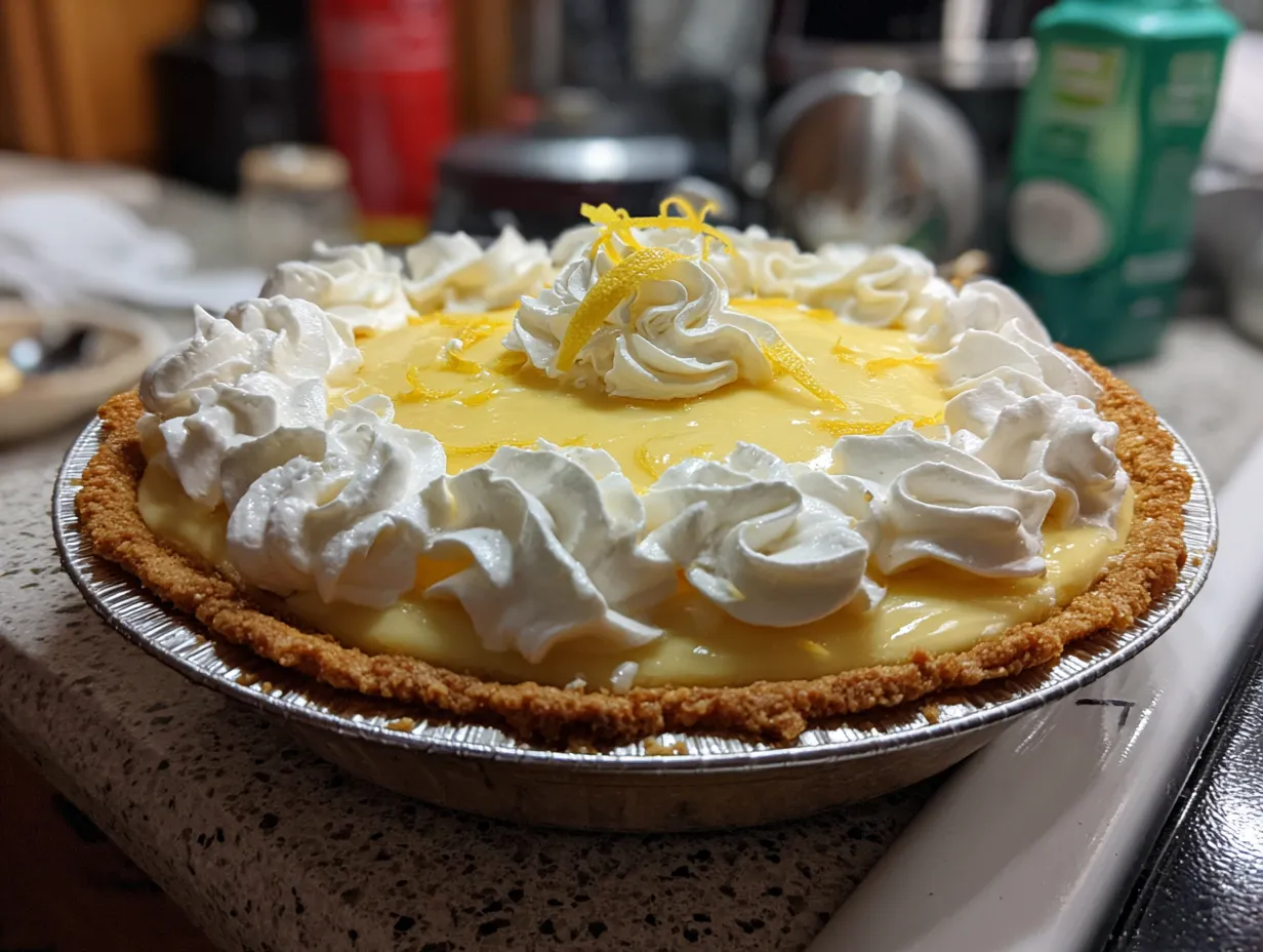 Finished lemon cream pie on a kitchen counter, topped with whipped cream and lemon zest.