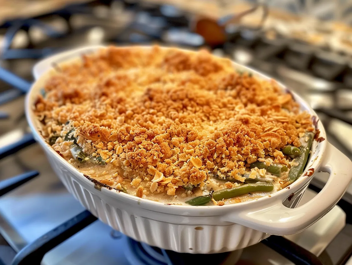 Finished Loaded Green Bean Casserole golden brown and ready to serve.