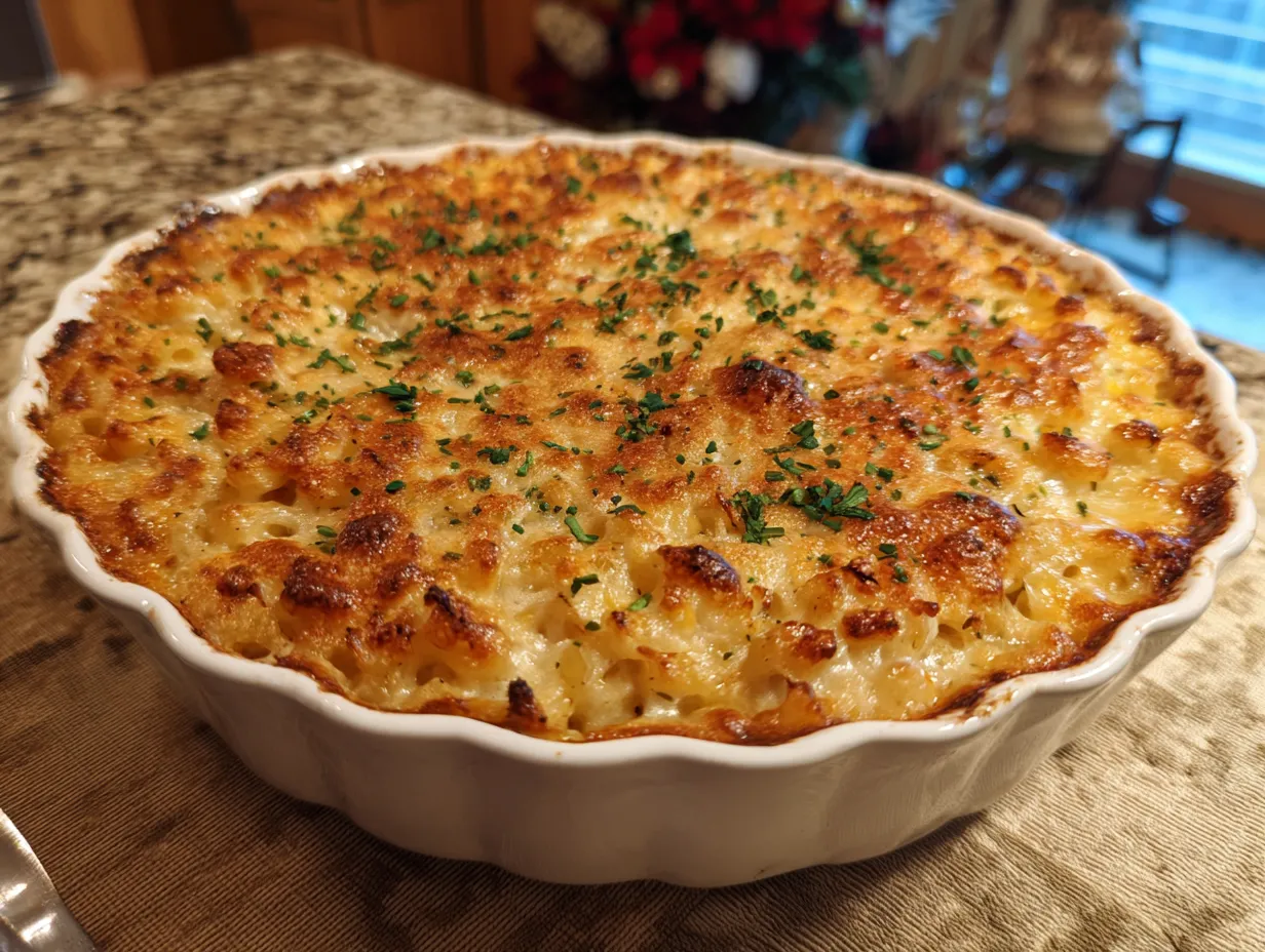 Delicious, golden brown Macaroni Corn Casserole Recipe ready to be served