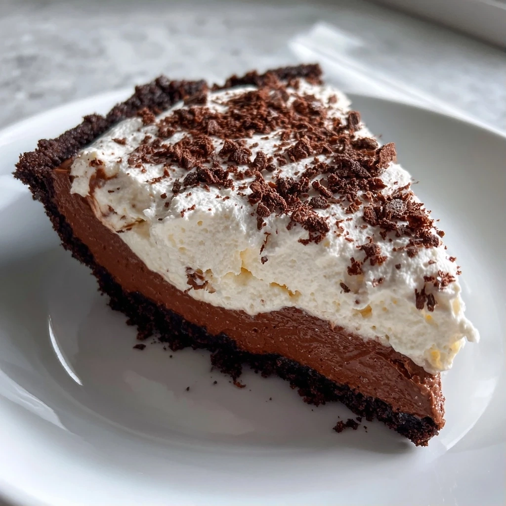 Finished Mississippi Mud Pie with Creamy Chocolate Filling with chocolate shavings and whipped cream.