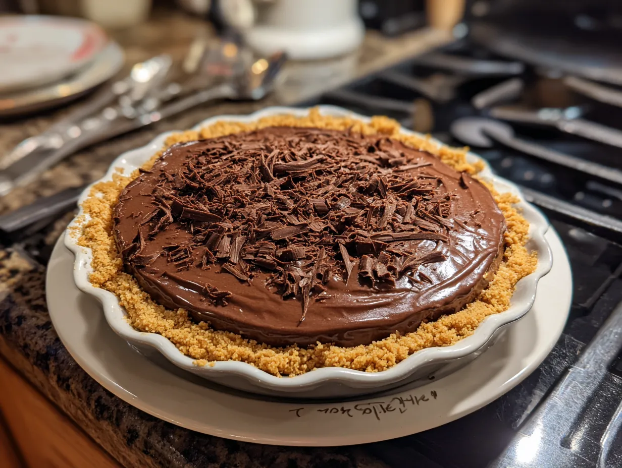 Finished No-Bake Chocolate Peanut Butter Pie.