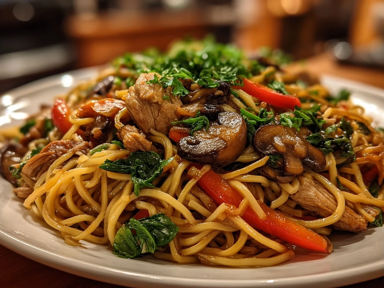 Finished One-Pan Chicken Lo Mein served in a bowl and garnished with sesame seeds and green onions.